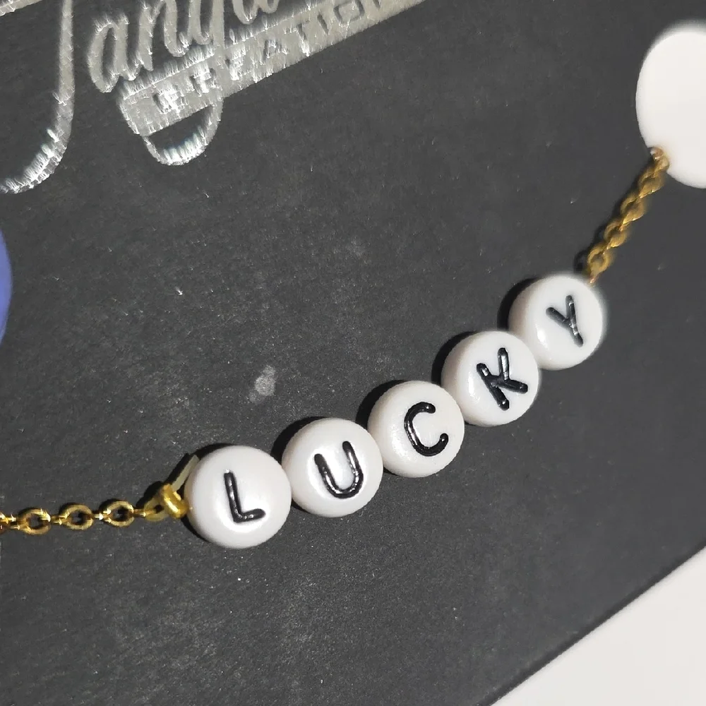 Elegant “LUCKY” Bracelet – Black & White Beads on Gold Chain Affirmation Jewelry